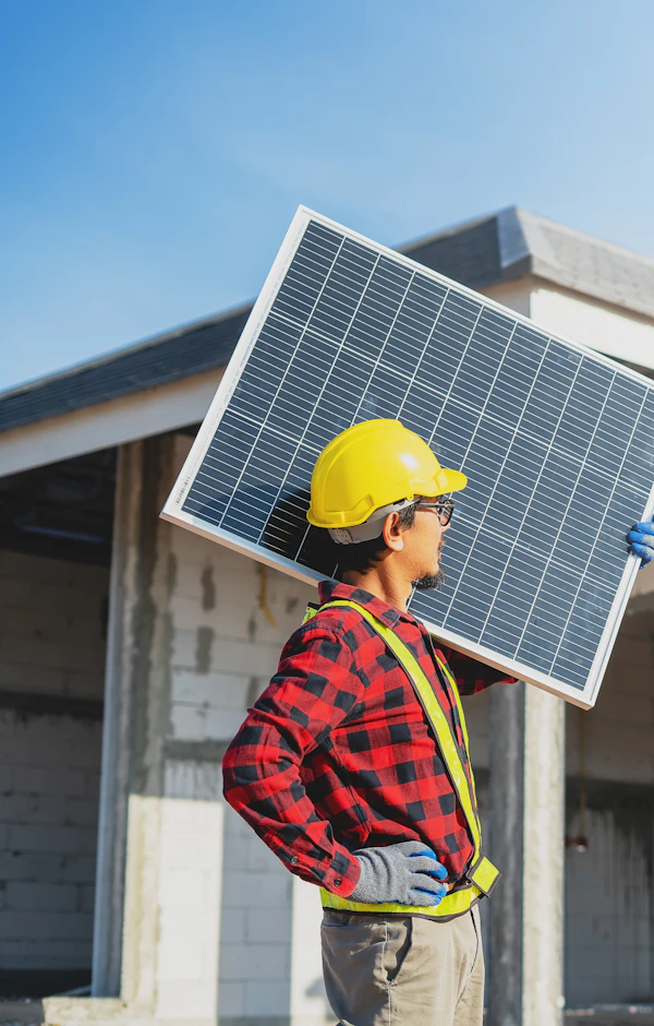 Operario con un panel solar para una instalación de autoconsumo Operario con un panel solar para una instalación de autoconsumo